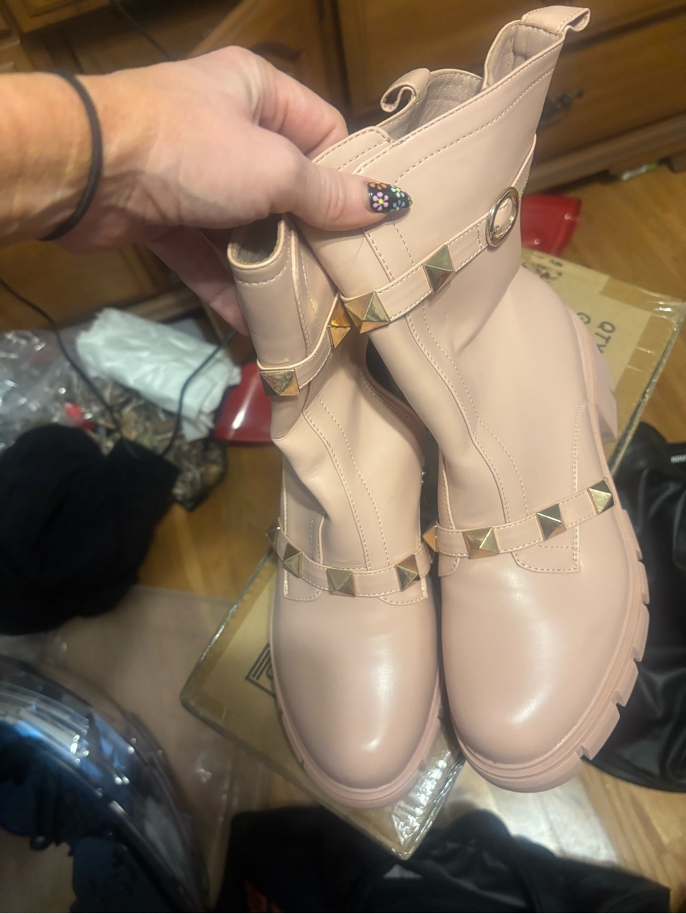 Blush and gold stud combat boot